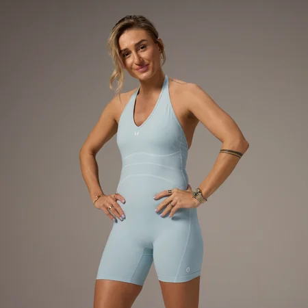 Tutina con pantaloncini e schiena scoperta a contrasto MP X Tatiana - Light Aqua