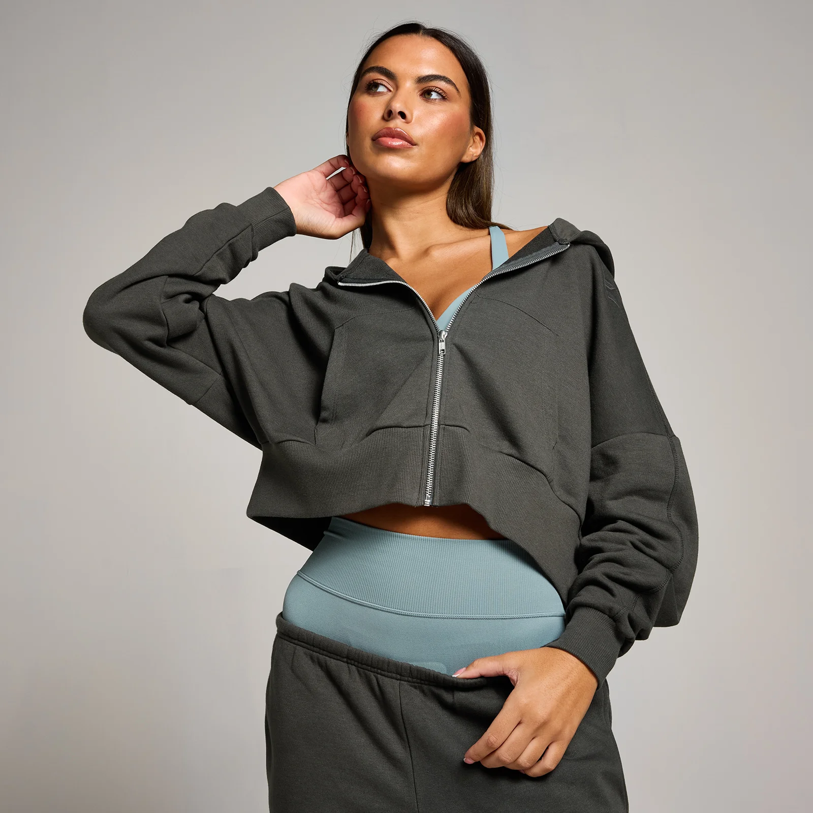 Felpa crop con cappuccio e cerniera MP Tempo da donna - Grigio notte - L Immagine 1