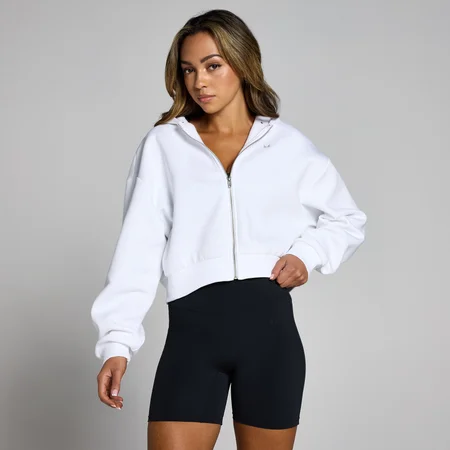 Felpa crop con cappuccio e cerniera integrale MP Basics da donna - Bianco