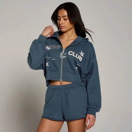 Felpa con cappuccio e zip MP Move Club graphic donna leggera in loopback - Blu sbiadito