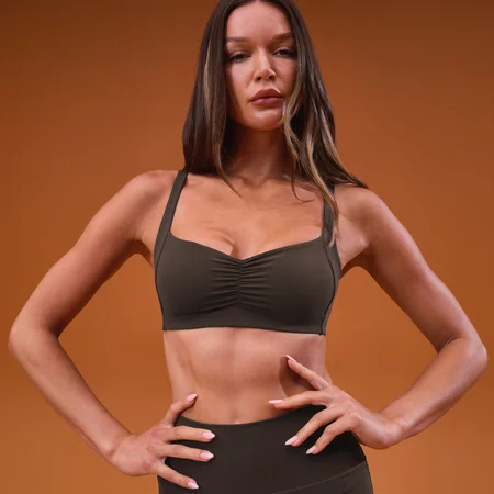 Reggiseno sportivo donna MP Tempo con dettaglio arricciato minimal - Cioccolato