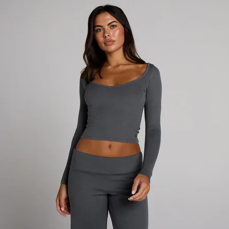 Top a costine a maniche lunghe con scollo a V MP donna - Grigio robusto